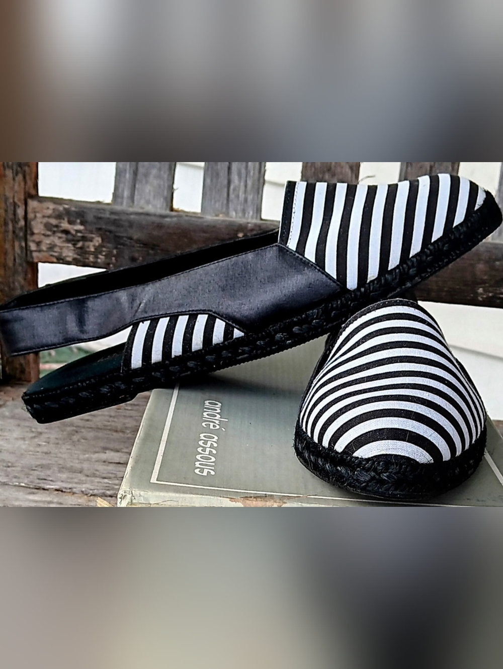 André Assous Canvas & Leather Slingback Flats~Size 7 1/2~Black & White Stripes